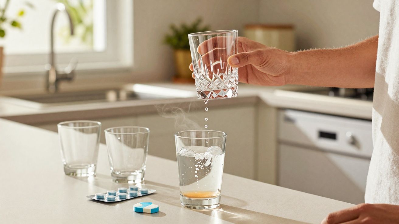 Método para limpar vidro baço: coloque uma pastilha efervescente para dentaduras e água morna no copo e deixe atuar durante a noite.