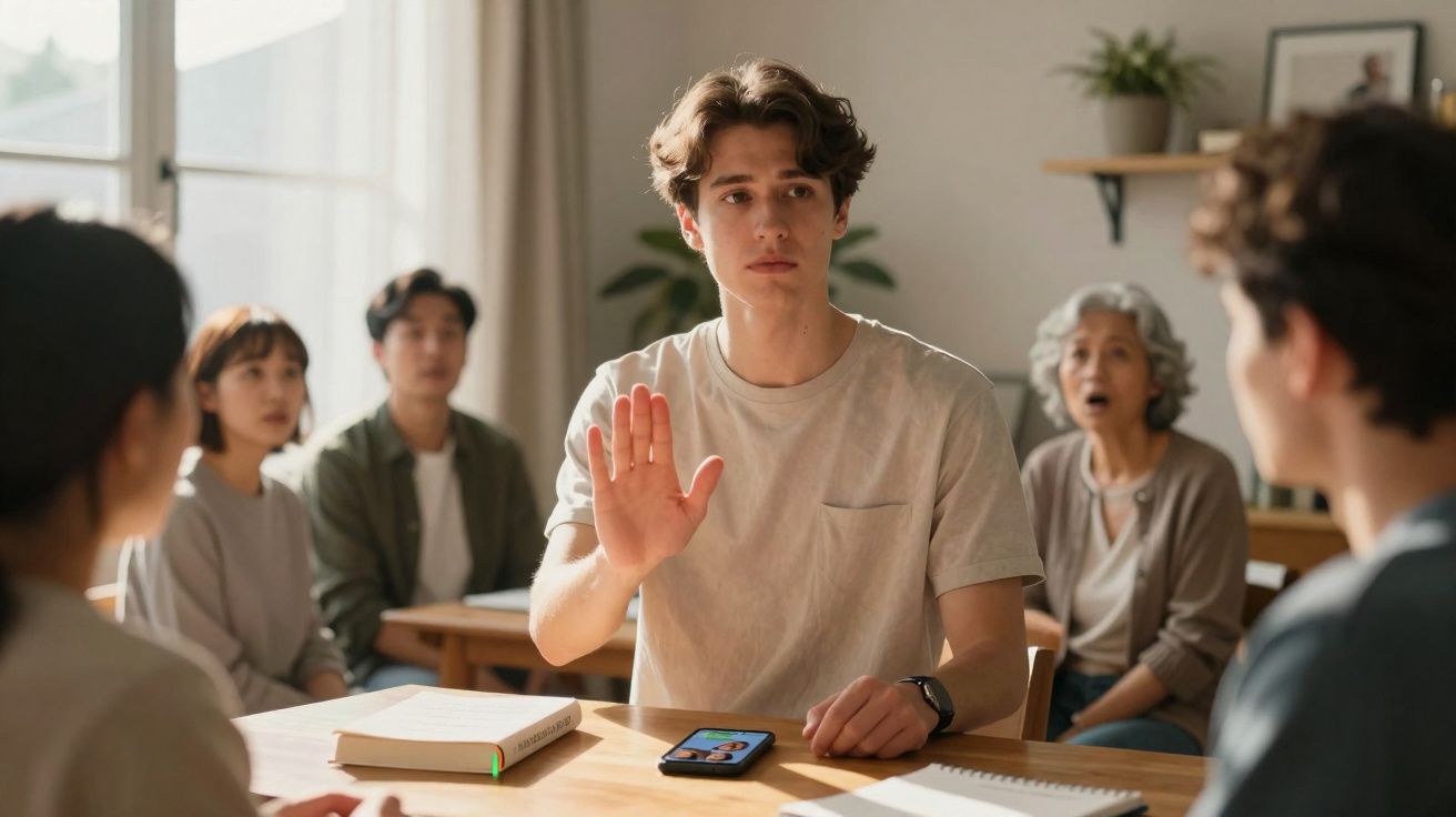 Jovem com a mão levantada a interromper reunião, rodeado por outras pessoas numa sala iluminada.