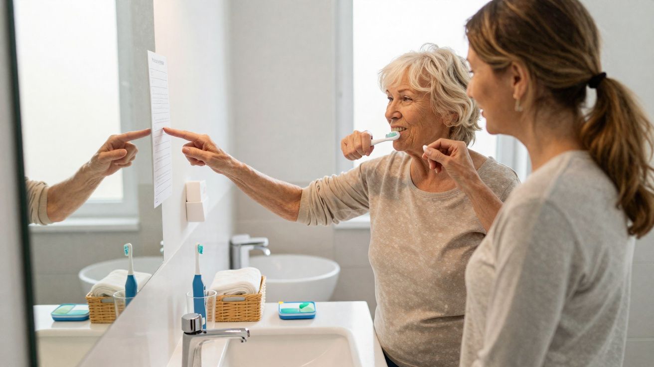 Mulher idosa e jovem a escovar os dentes juntas numa casa de banho, mulher mais velha lê um papel na parede.