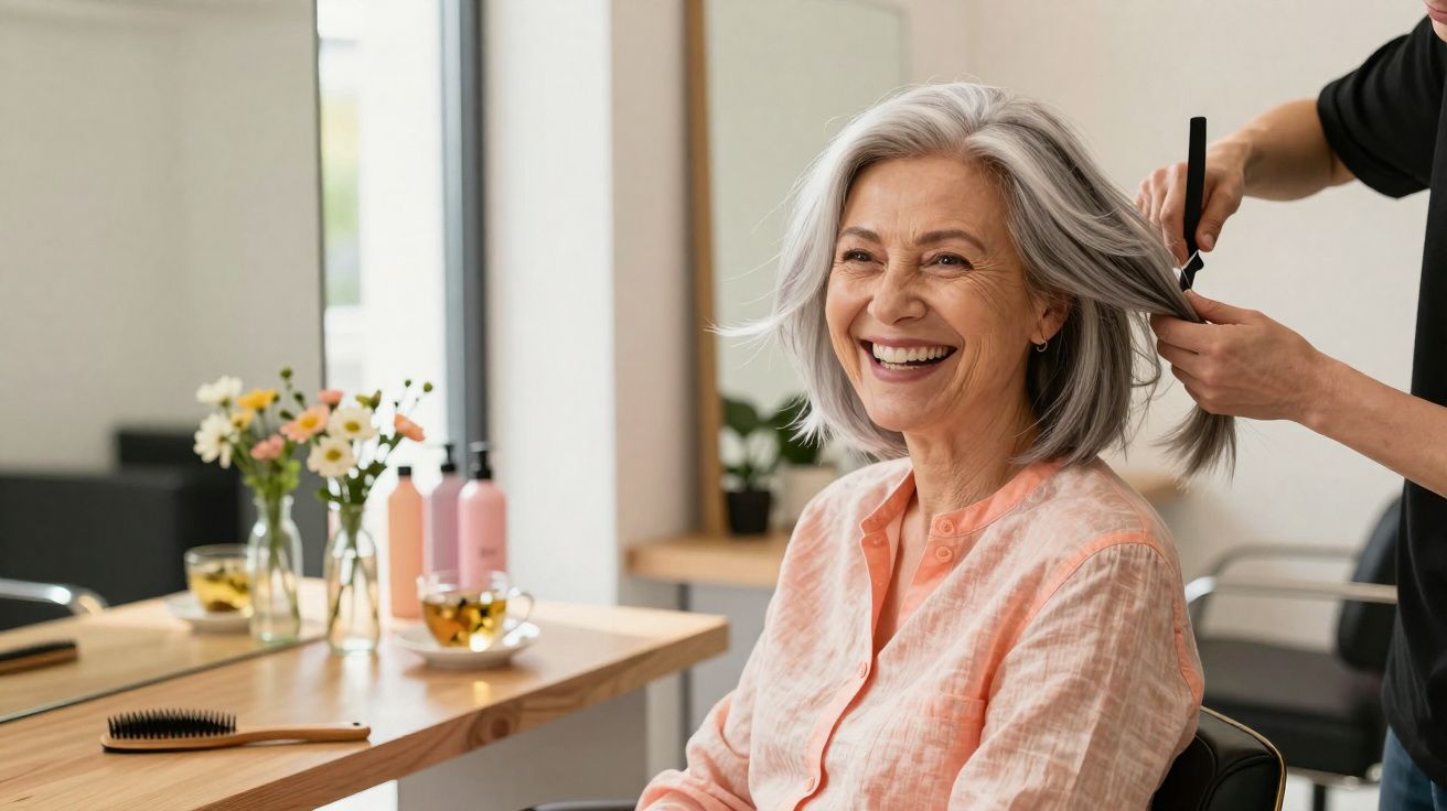 Mulher idosa sorridente a fazer penteado num salão de cabeleireiro moderno e iluminado.