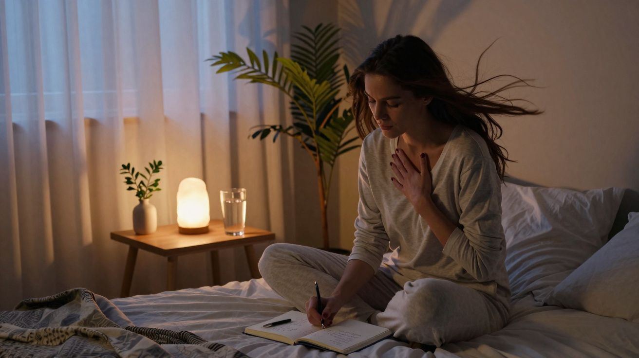 Mulher sentada na cama a escrever num caderno num quarto acolhedor com iluminação suave.