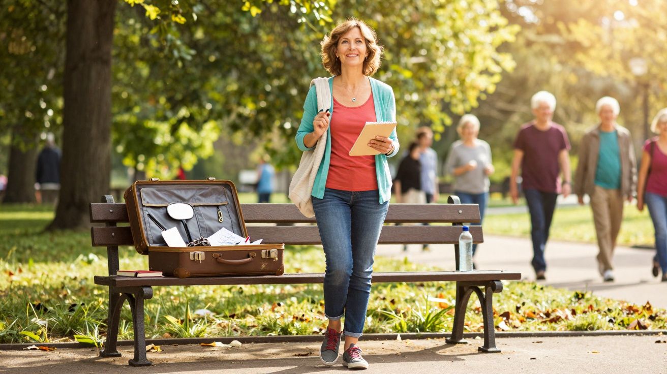 Mulher sorridente com livro na mão caminha em parque junto a banco com mala aberta cheia de papéis.