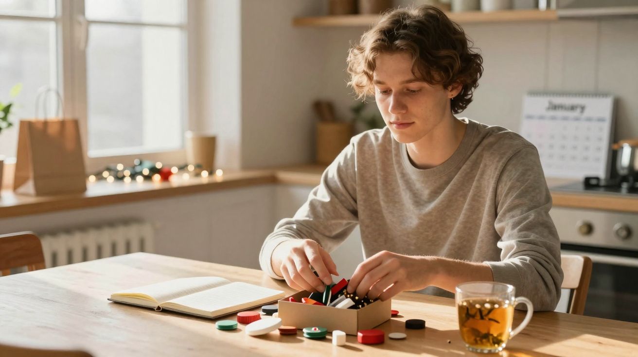 Jovem sentado à mesa a organizar peças coloridas, com chá e livro aberto numa cozinha iluminada.