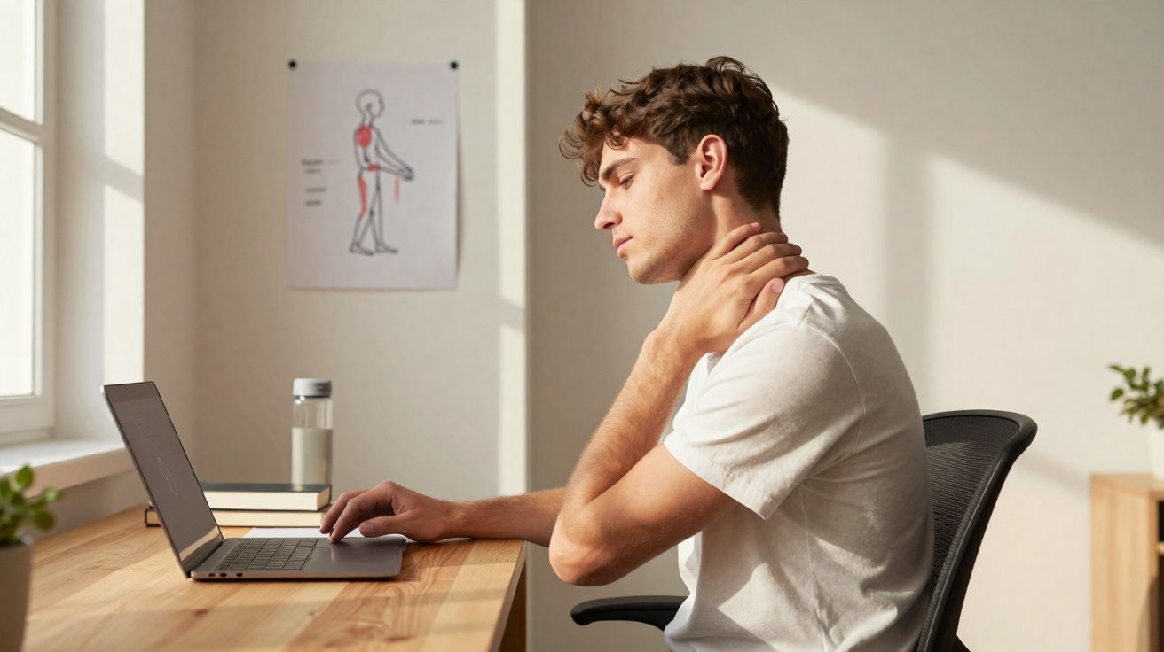 Jovem sentado em escritório a trabalhar no portátil, com expressão de dor ao massagear o pescoço.