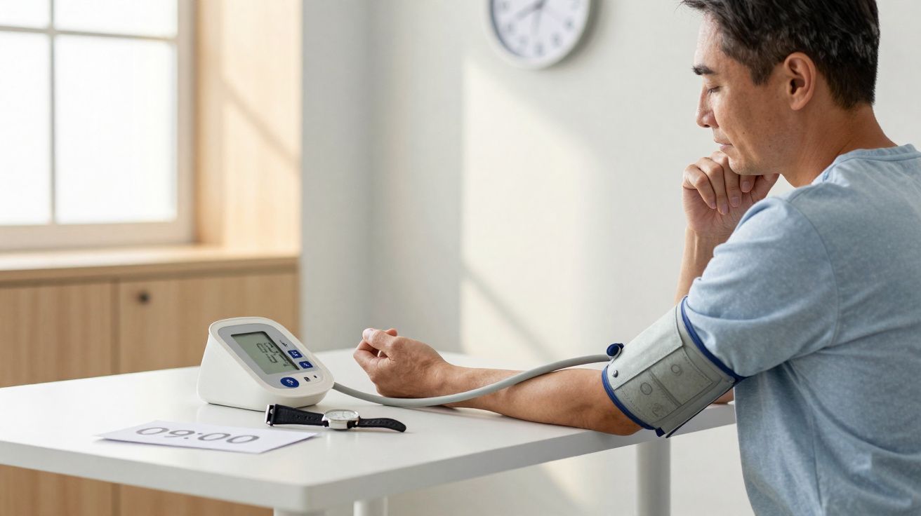 Homem sentado mede a pressão arterial com aparelho digital num ambiente calmo e iluminado.