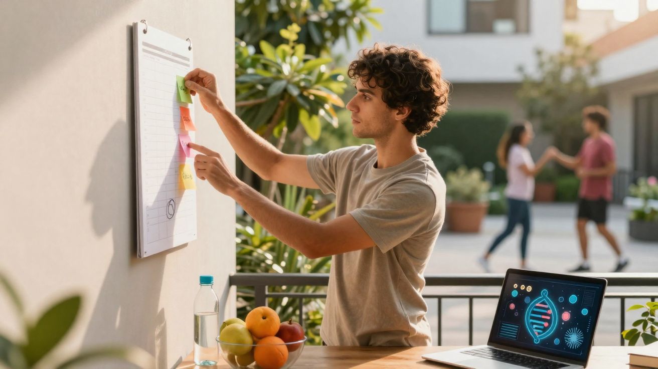 Jovem a organizar notas autocolantes numa folha, com laptop e frutas numa mesa exterior.