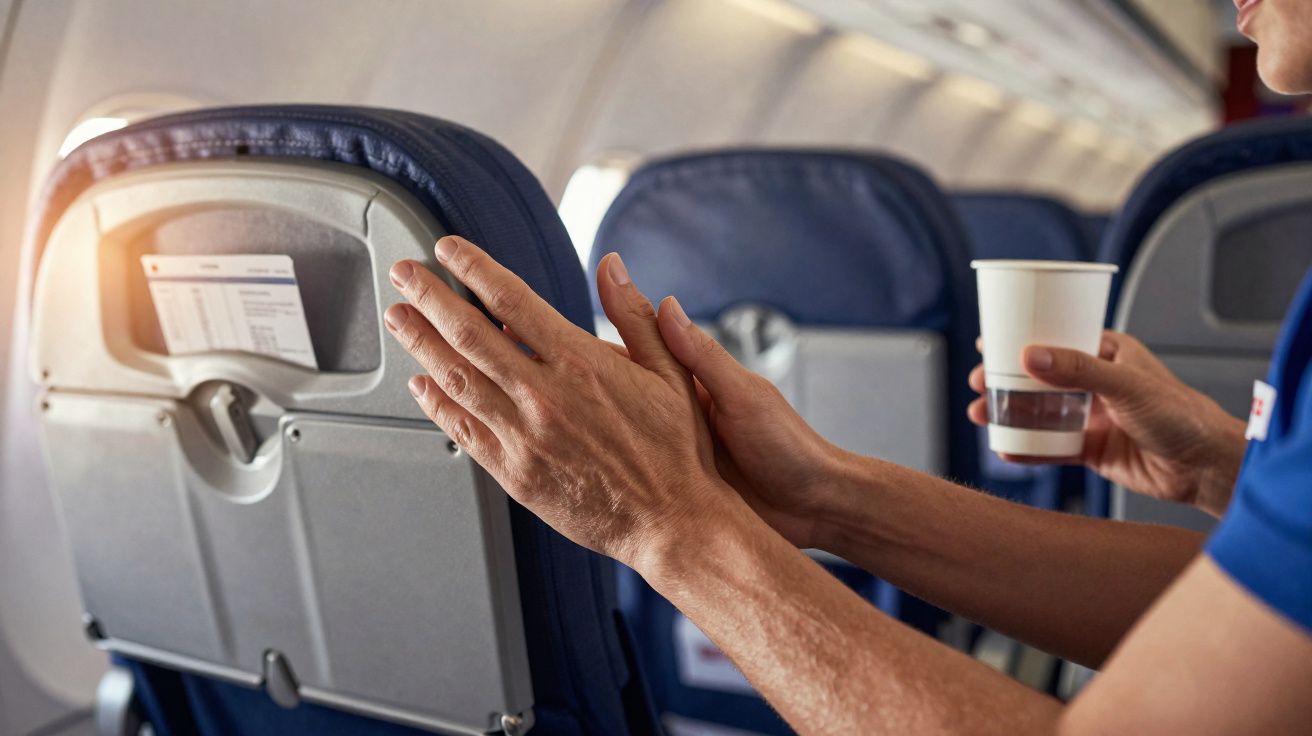 Passageiro num avião a aquecer as mãos enquanto segura um copo de plástico com bebida.