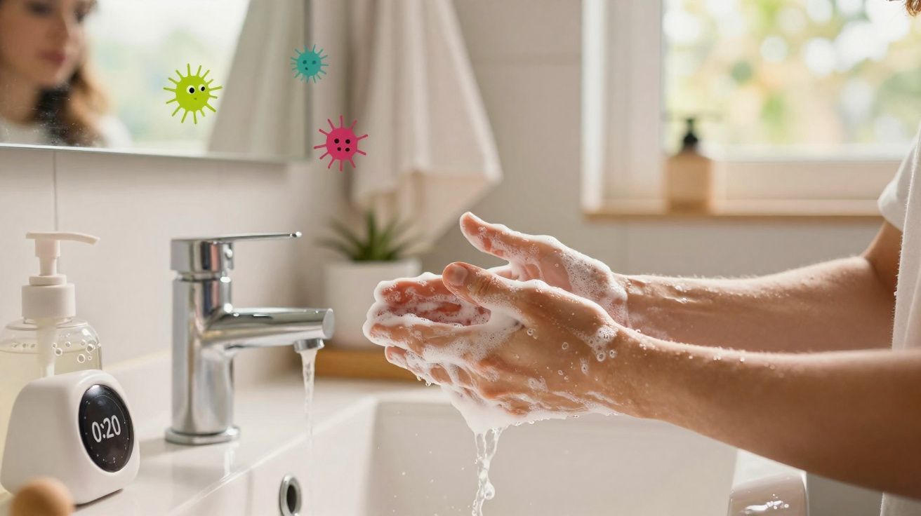 Pessoa a lavar as mãos com sabão numa casa de banho, com tapete e janela ao fundo.