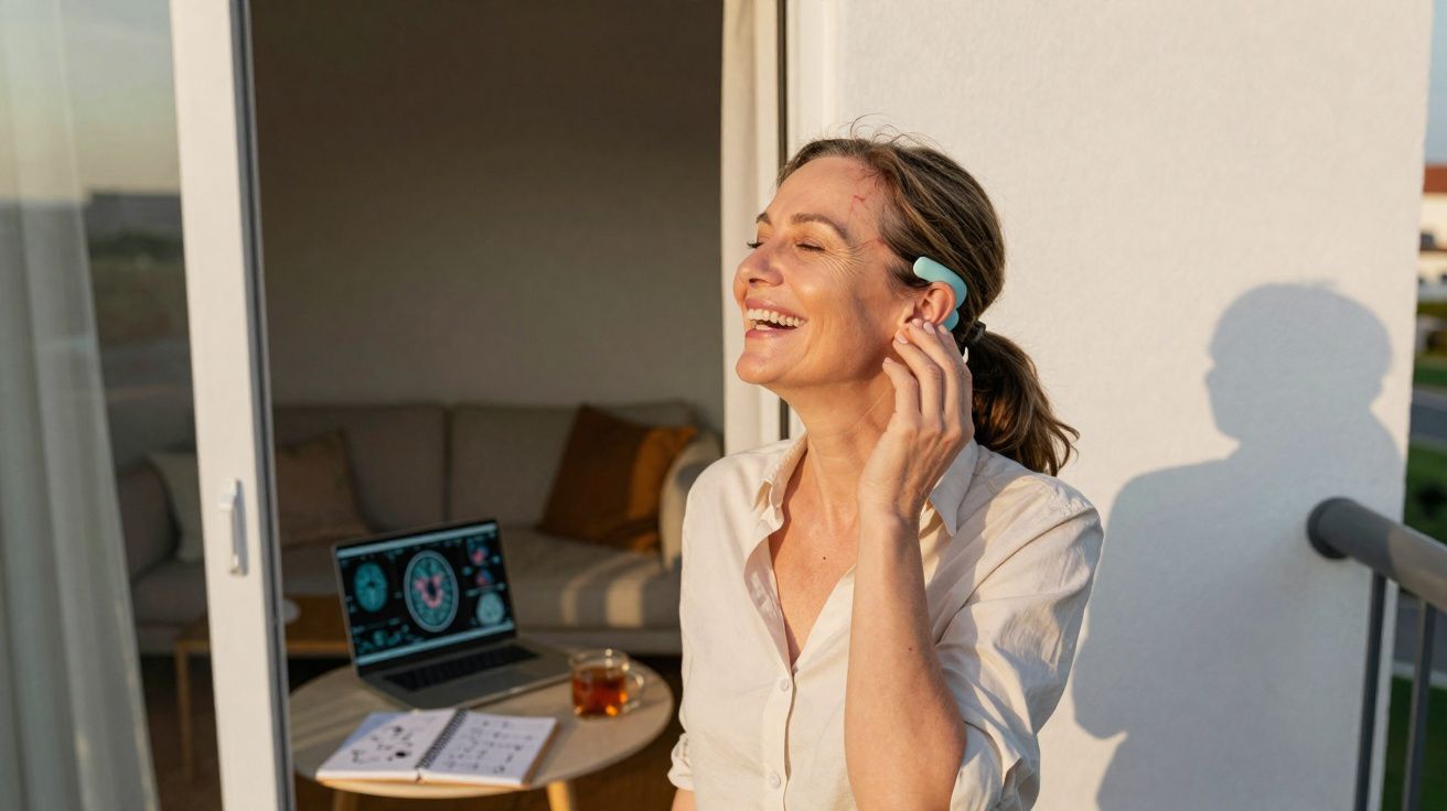 Mulher sorridente a usar aparelho auditivo ao ar livre numa varanda ao pôr do sol.