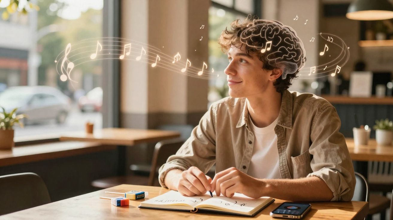 Jovem sentado numa mesa de café a escrever num caderno com música ilustrada a envolver o seu cérebro.