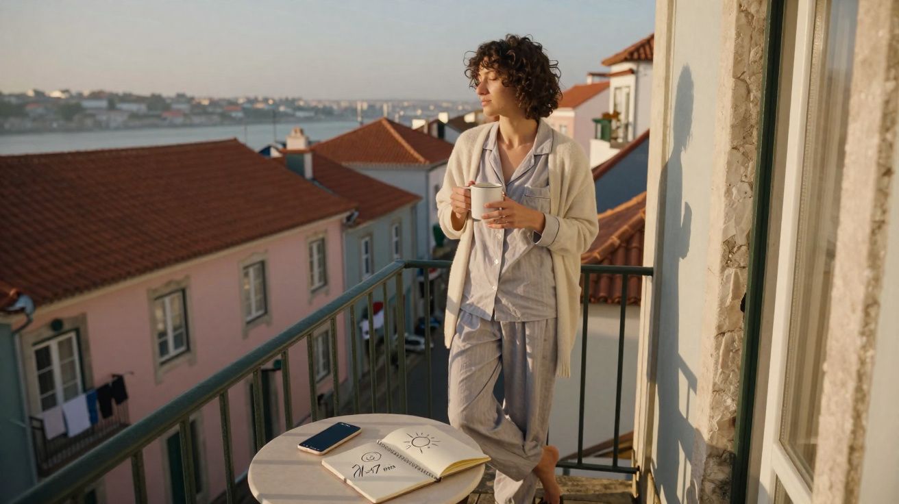 Mulher de pijama e robe com caneca na varanda ao amanhecer, olhando para a cidade e rio ao fundo.