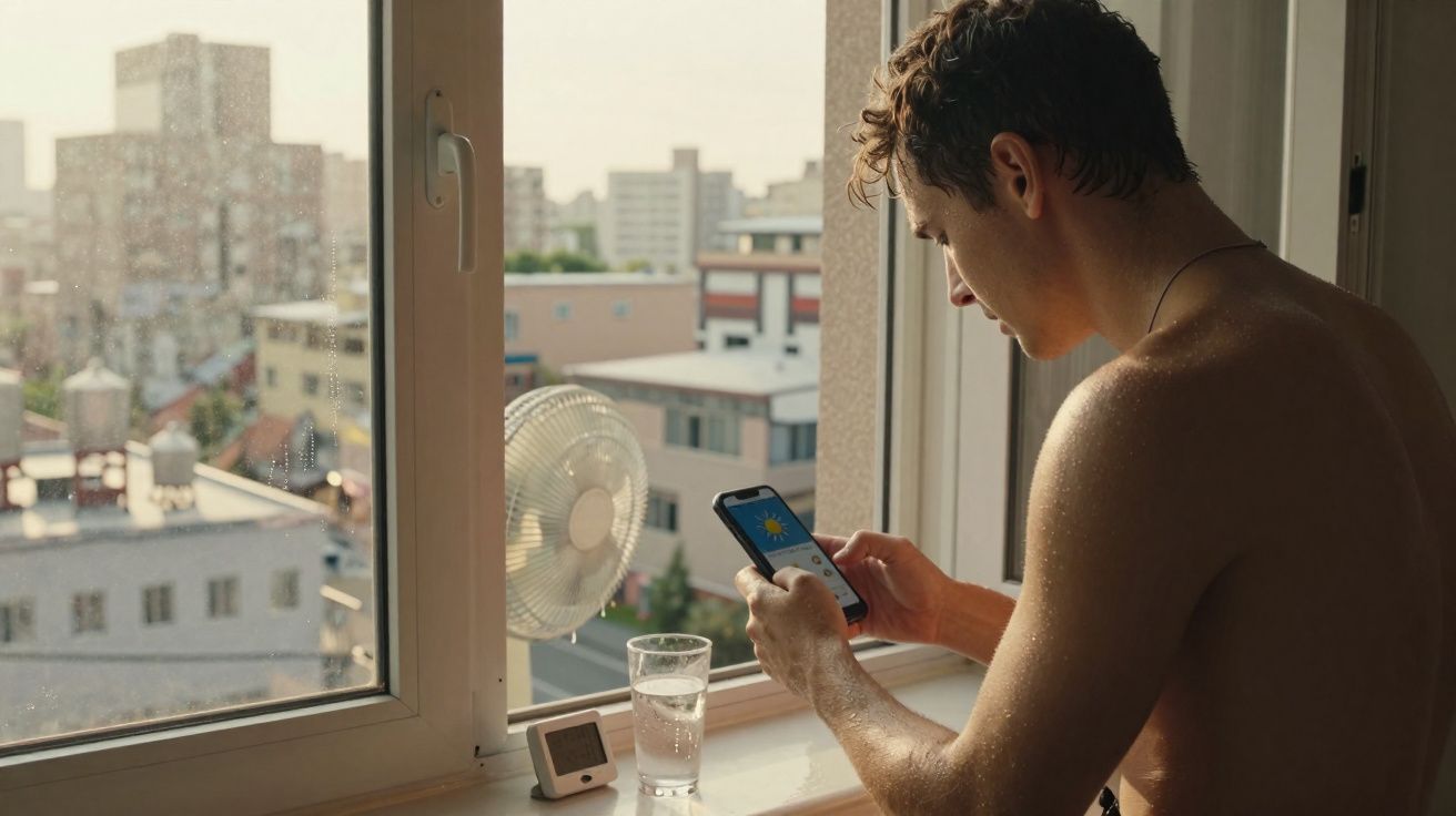 Homem deitado junto a janela a olhar para ecrã de smartphone com previsão do tempo, copo de água e ventilador.