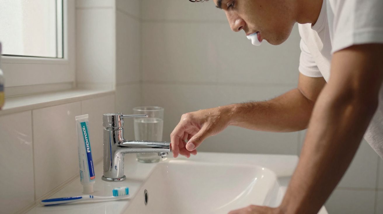 Homem a abrir torneira na casa de banho ao lado de escova e pasta de dentes na pia branca.