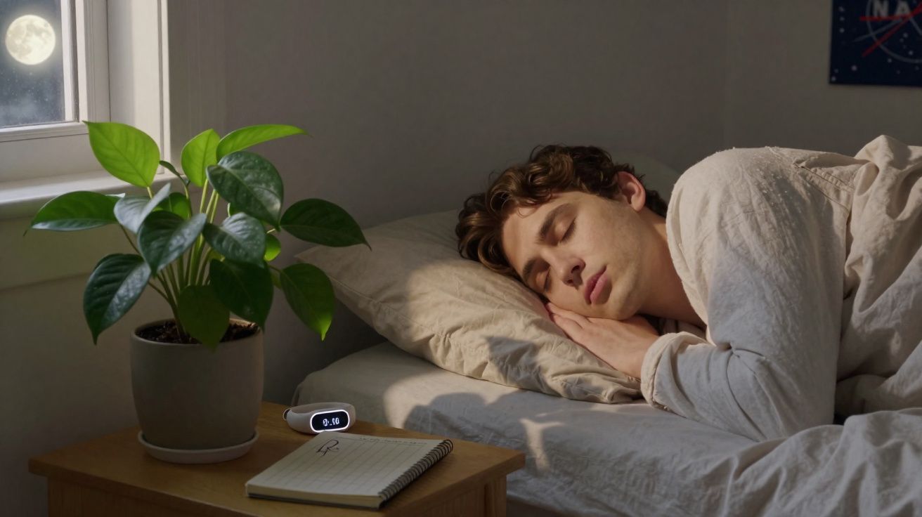 Homem a dormir na cama durante a noite, com relógio digital e planta numa mesa ao lado.