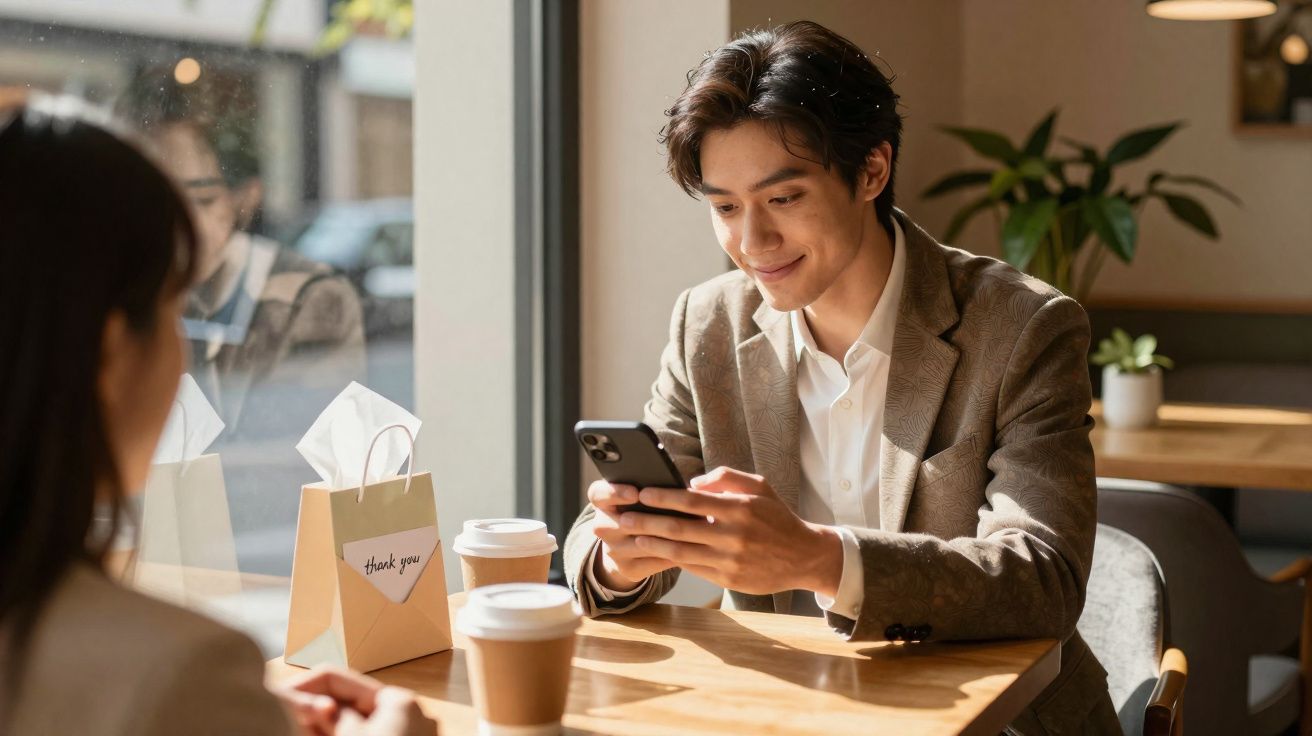 Jovem sorridente usa telemóvel enquanto está sentado numa mesa de café com outra pessoa.