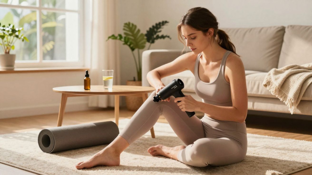 Mulher sentada no chão usando pistola de massagem numa perna numa sala iluminada e confortável.