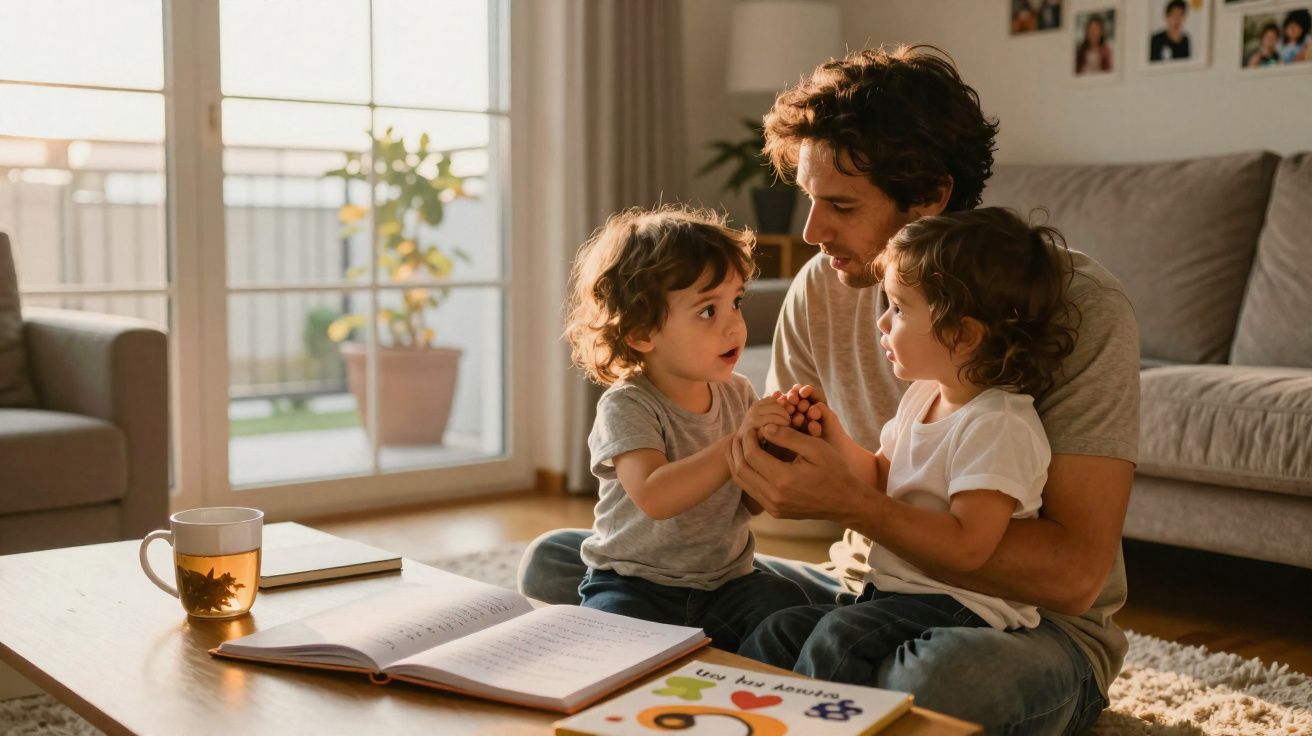 Pai sentado no chão com dois filhos pequenos, lendo livros numa sala iluminada e acolhedora.