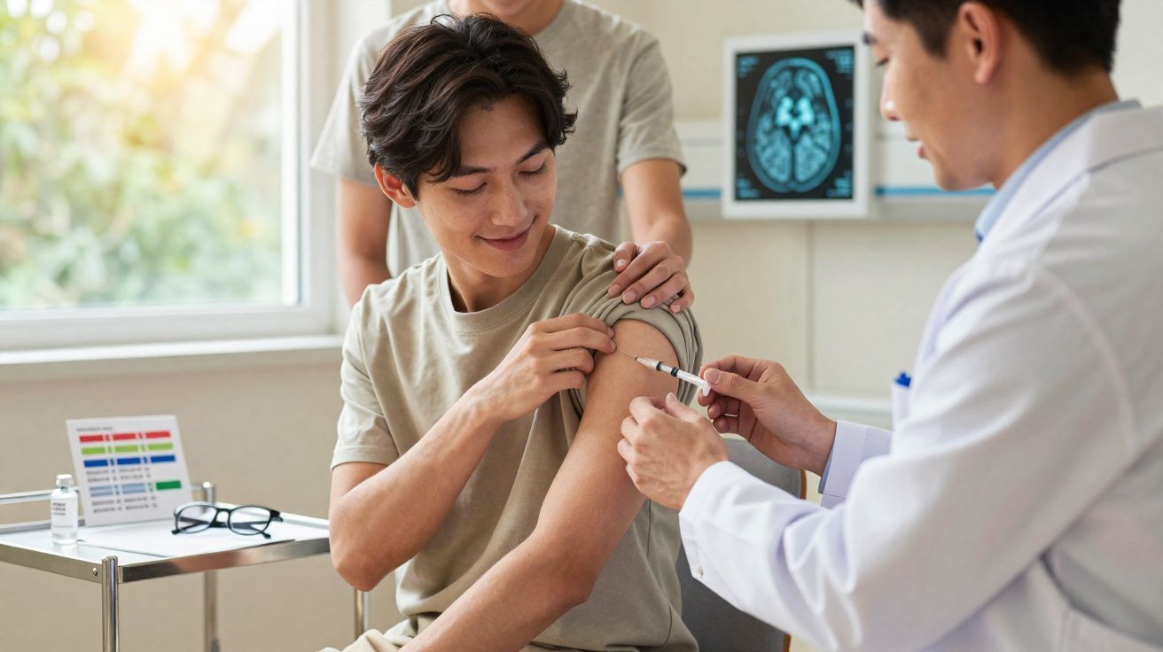 Jovem a receber vacina no braço, com médico e outra pessoa a apoiar durante o procedimento num consultório.