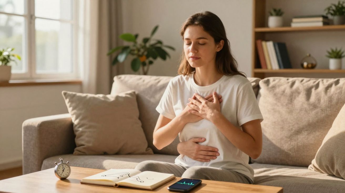 Mulher sentada no sofá com expressão de calma, mãos no peito e abdômen, meditando ou a fazer exercícios respiratórios.