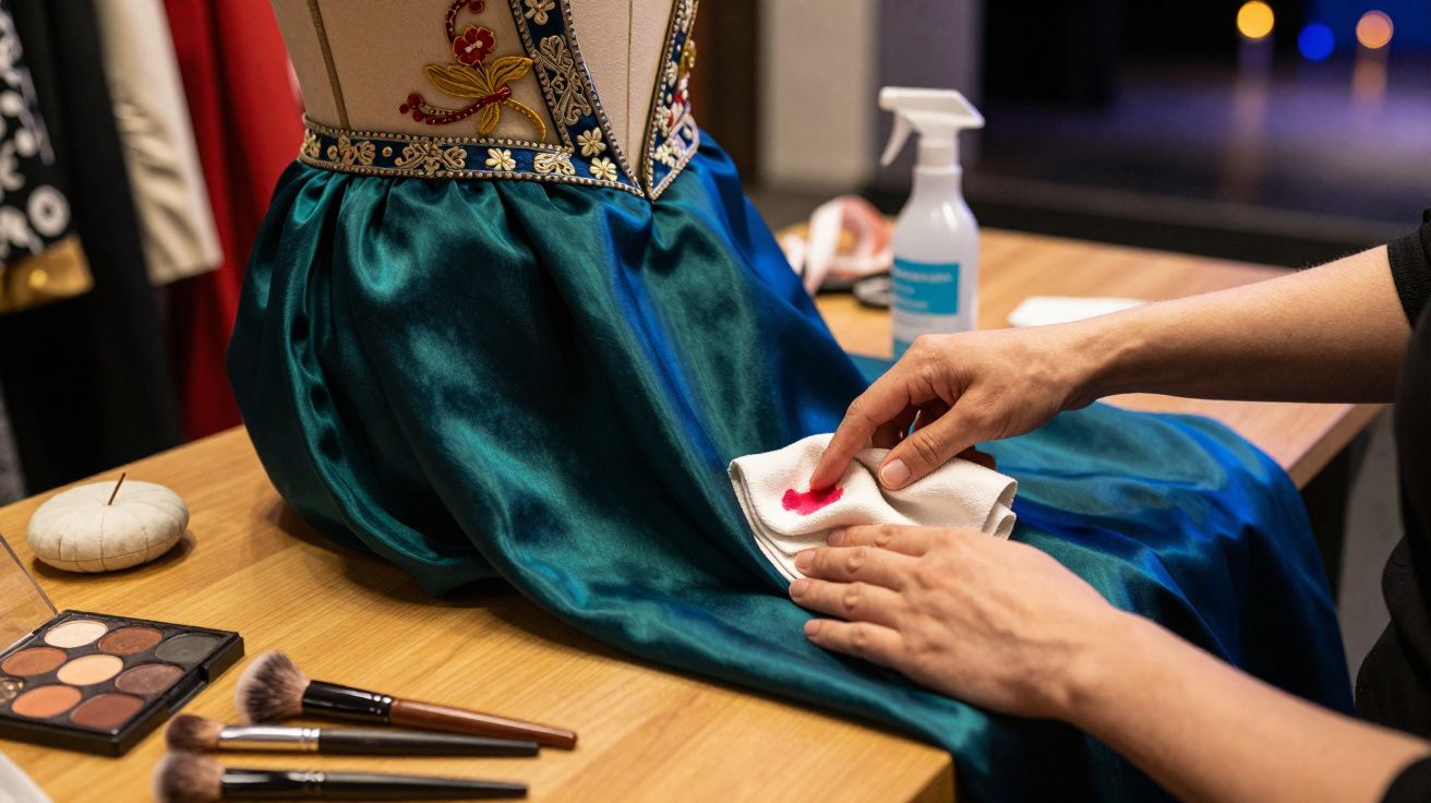 Pessoa a limpar mancha de tinta vermelha num vestido azul em manequim sobre uma mesa de madeira.