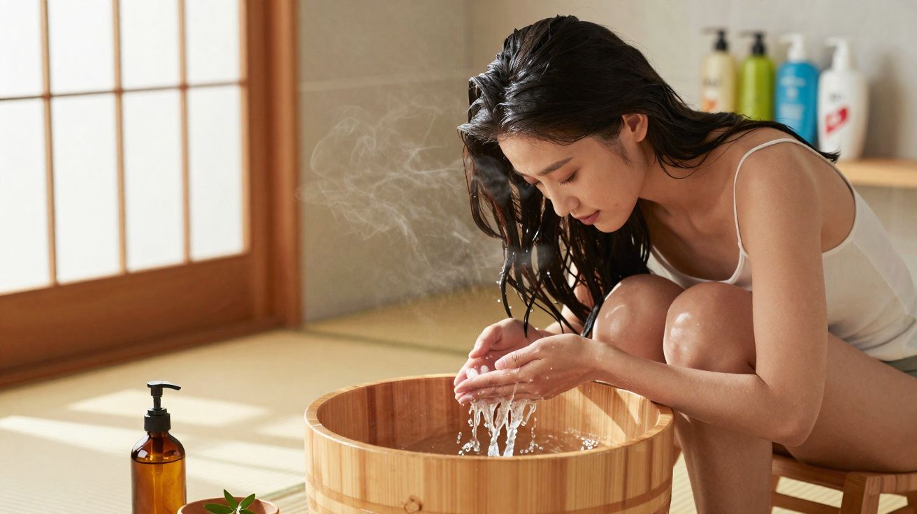 Mulher a lavar o rosto com água quente num balde de madeira num ambiente calmo e minimalista.