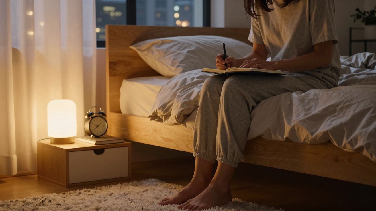 Mulher sentada na cama, a escrever num caderno, com luz amarela suave no quarto ao anoitecer.