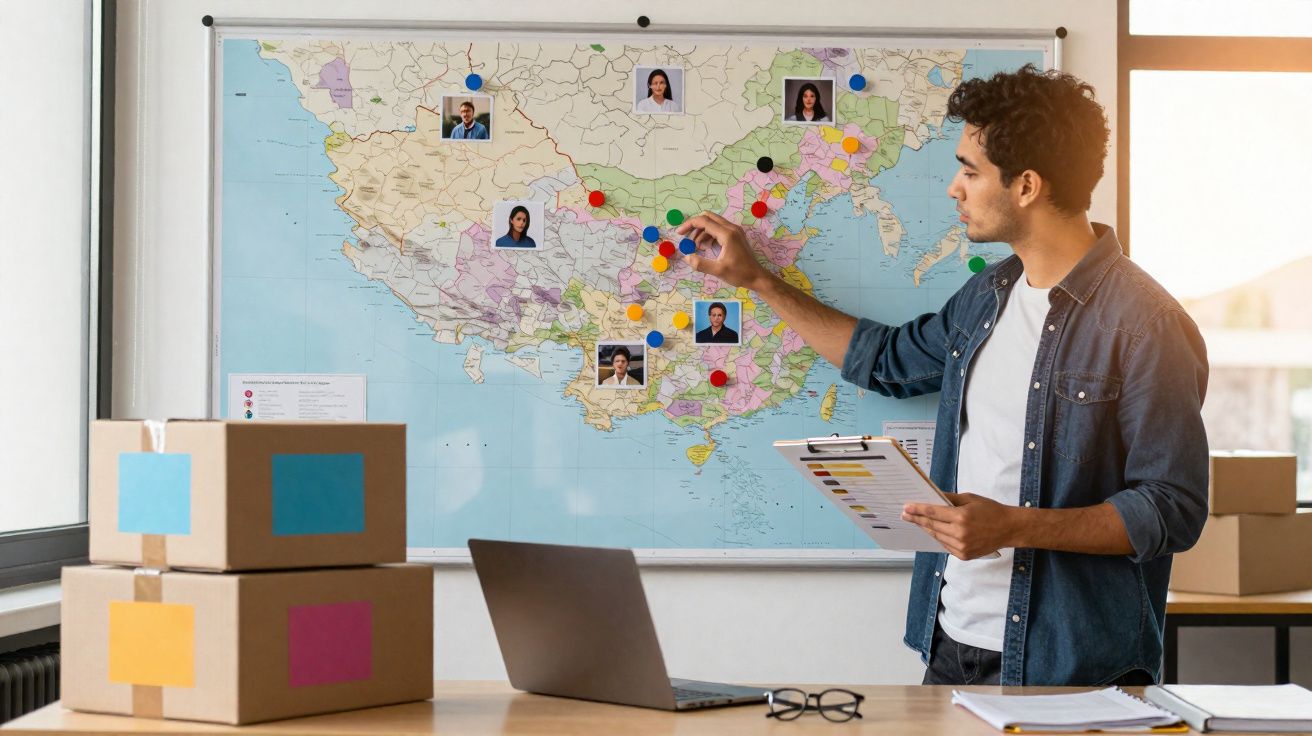 Homem a planear logística com mapa, fotos e marcadores coloridos numa sala de escritório.