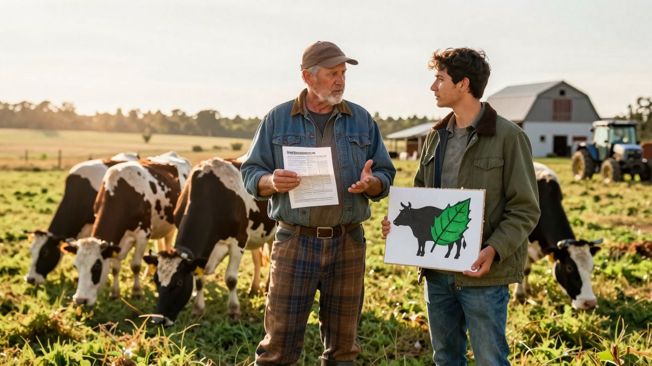 Agricultores discutem sustentabilidade numa quinta com vacas ao fundo e celeiro visível ao longe.
