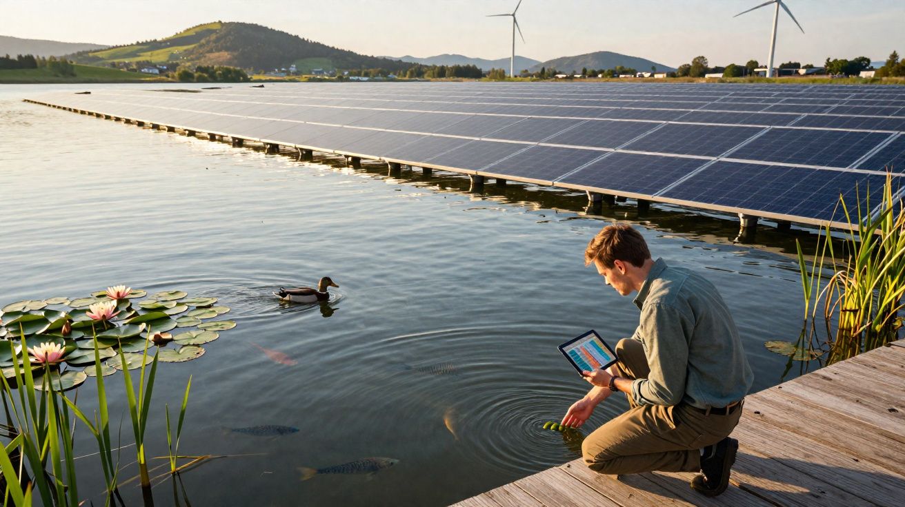 Homem com tablet junto a lago com painéis solares flutuantes, patos e turbinas eólicas ao fundo.