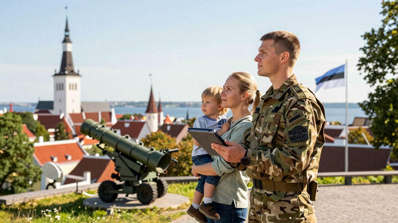 Soldado em uniforme, mulher e criança observam horizonte com cidade, canhão antigo e bandeira da Estónia ao fundo.