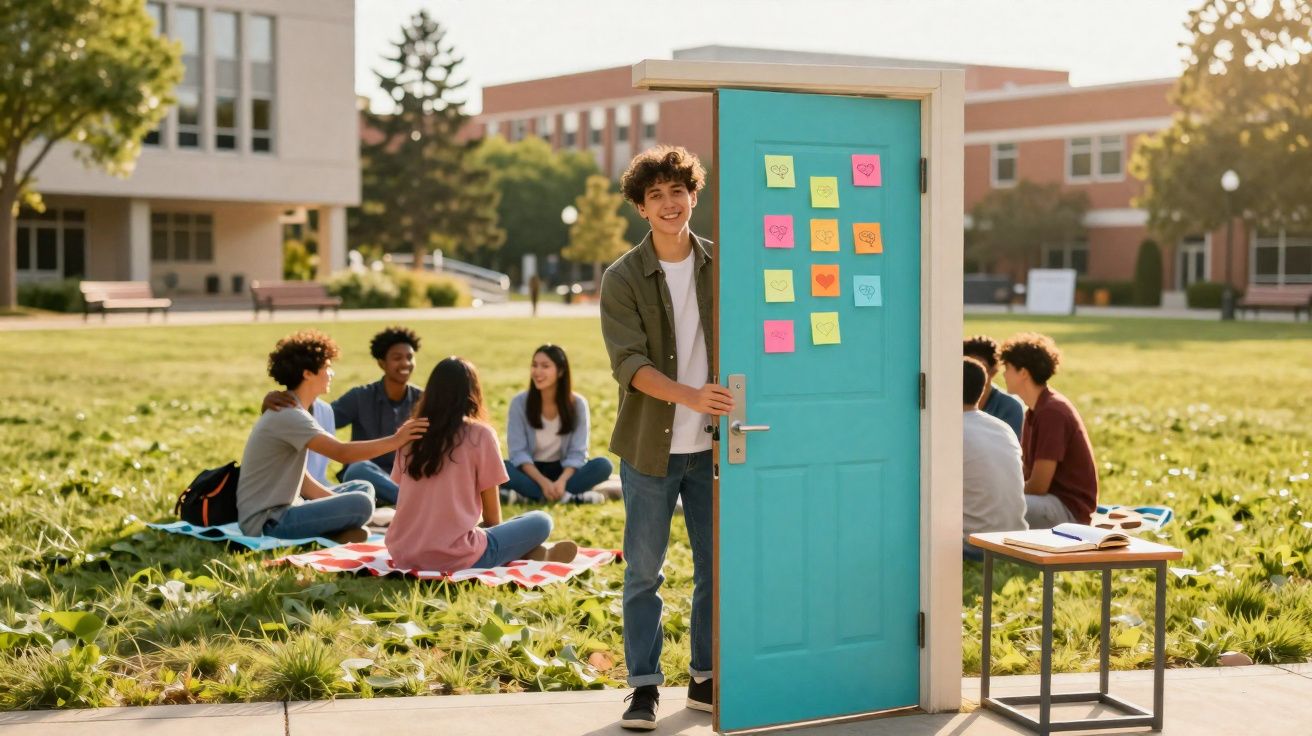 Jovem sorridente abre porta azul com notas coloridas, com grupo de estudantes sentado no relvado ao fundo.