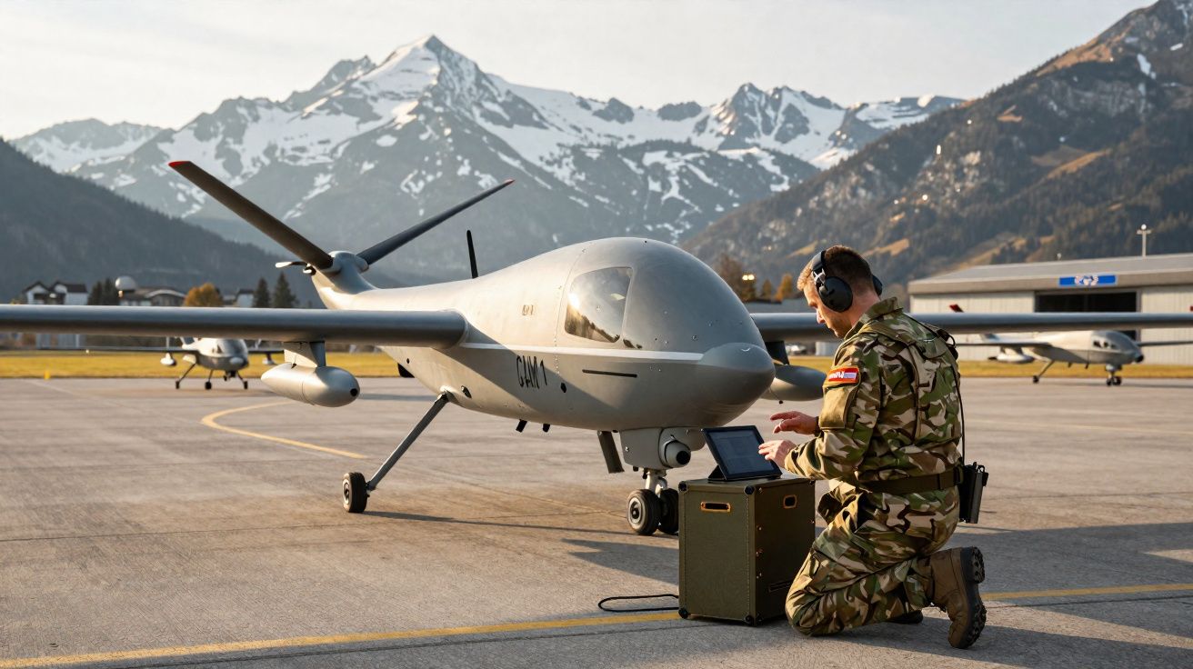 Soldado militar com fato camuflado controla drone cinzento em pista de aeroporto com montanhas ao fundo.