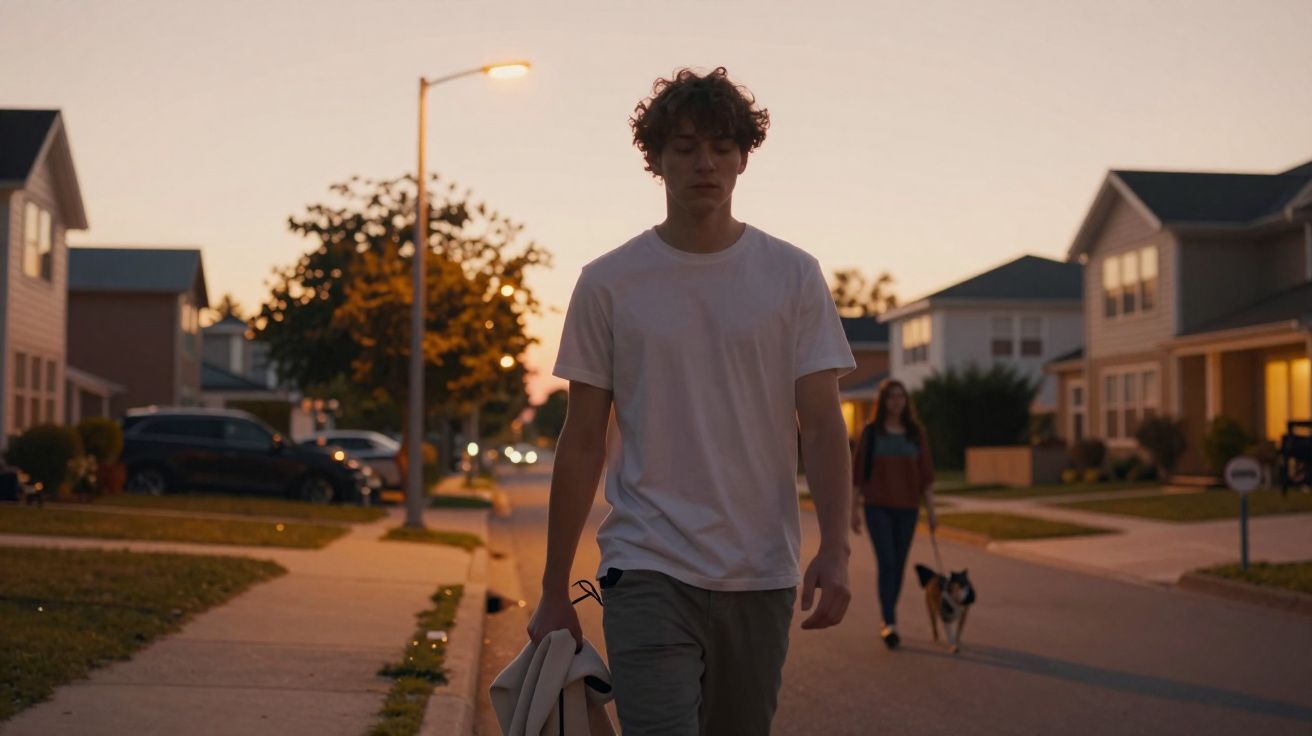Jovem de camiseta branca a caminhar ao entardecer numa rua residencial com casas e um cão ao fundo.