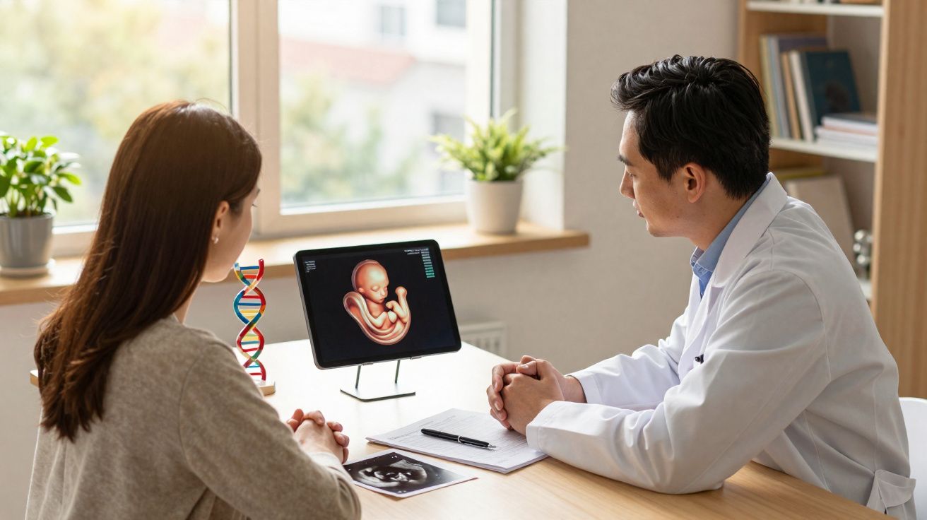 Mulher consultando médico que mostra imagem digital de feto num consultório iluminado.