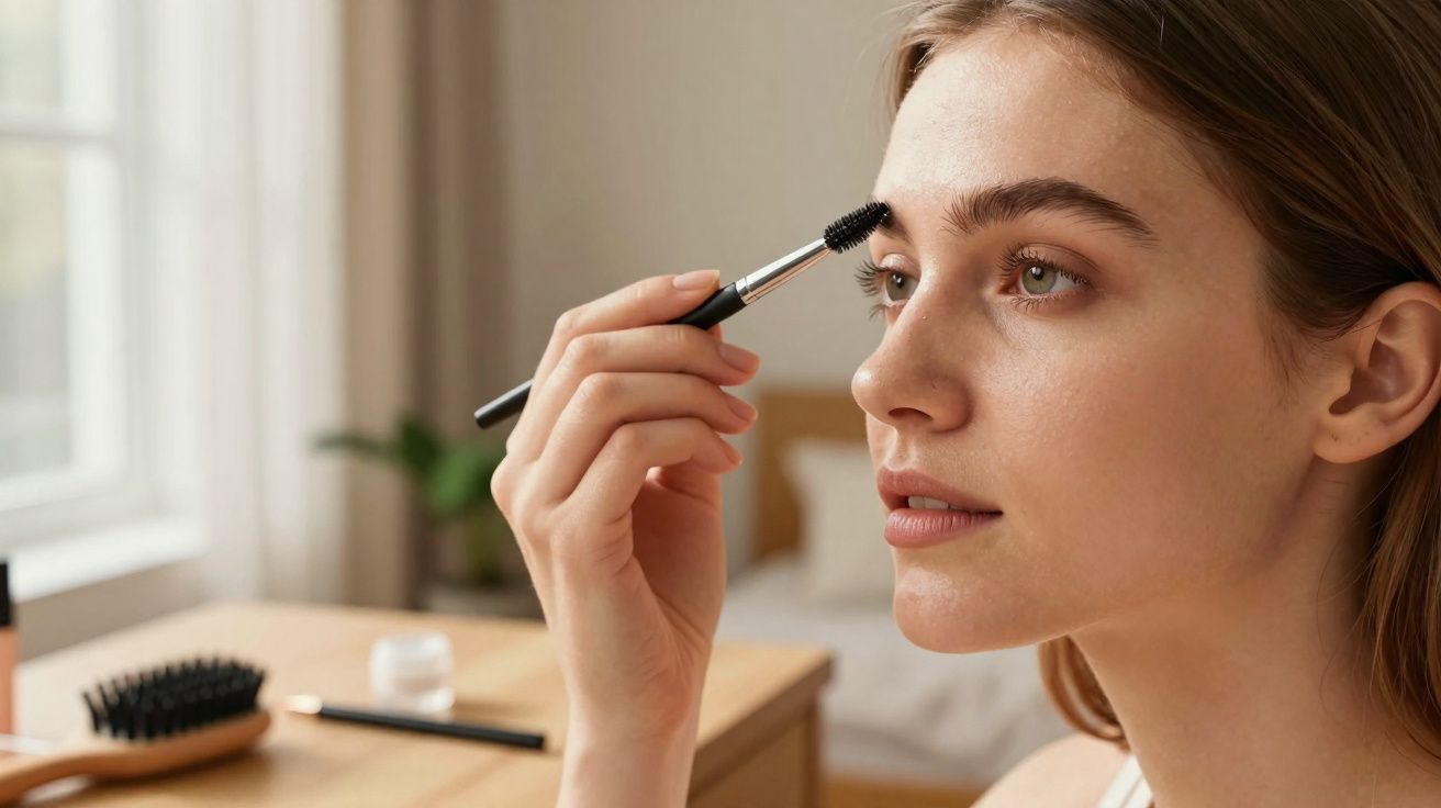 Mulher a pentear as sobrancelhas com escova de maquilhagem junto a uma janela em ambiente acolhedor.