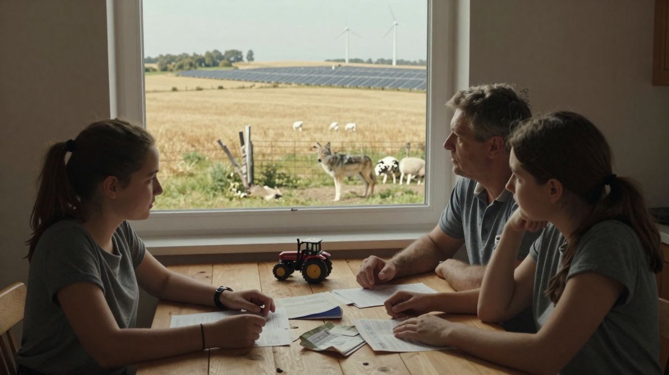 Família sentada à mesa a discutir documentos com paisagem rural com ovelhas e turbinas eólicas pela janela.