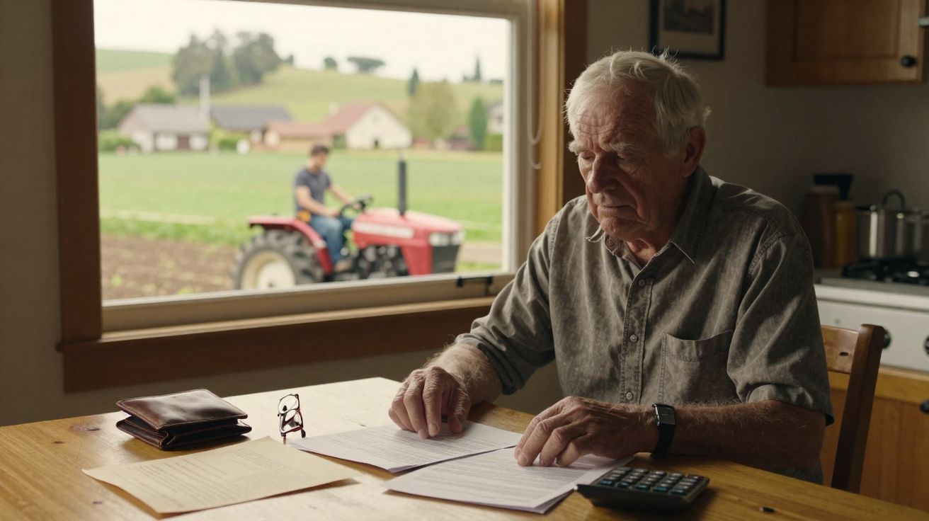 Homem idoso sentado à mesa a analisar documentos com um jovem no trator ao fundo na janela.