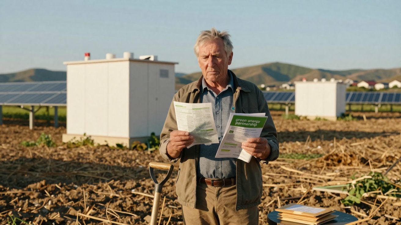 Homem idoso numa quinta solar lê documentos sobre energia verde com painéis solares ao fundo.