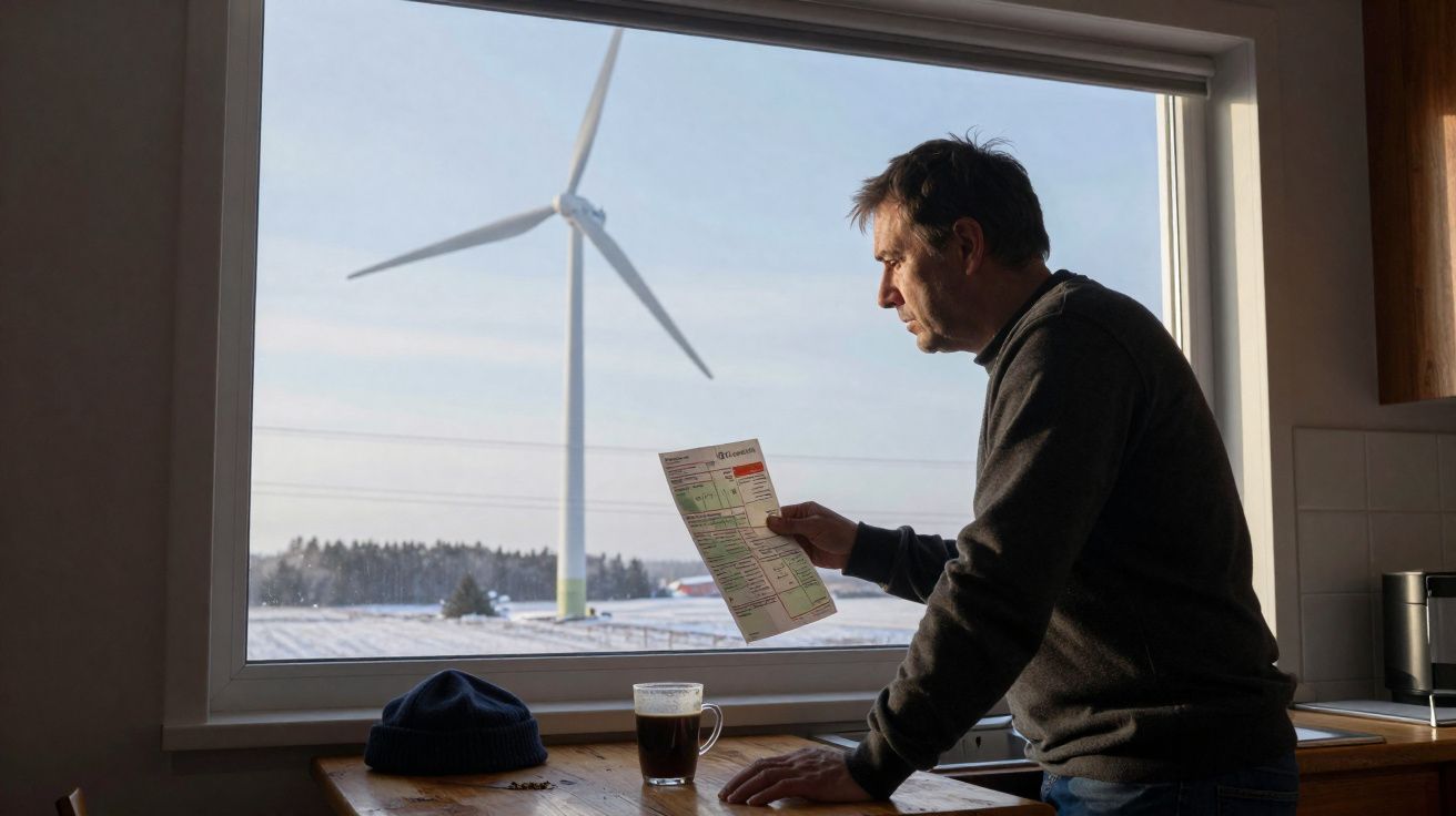 Homem observa fatura com turbina eólica visível pela janela de uma cozinha.