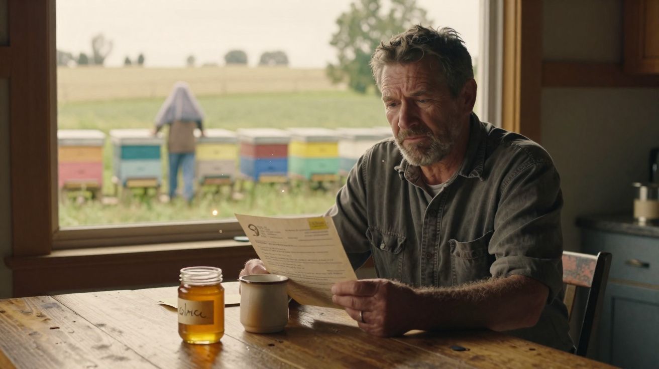 Homem sentado à mesa lê documento com jarro de mel e caneca, enquanto outro trabalha perto de colmeias no campo.
