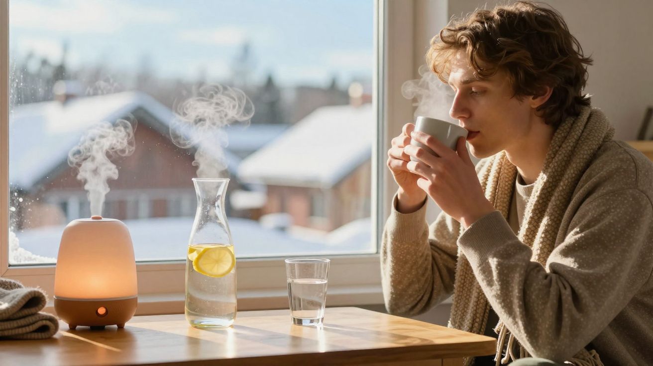Pessoa a beber de caneca junto a mesa com difusor de vapor e jarra com água e limão, junto a janela com neve.