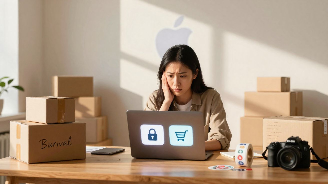 Mulher preocupada a usar laptop com símbolos de segurança e carrinho, cercada por caixas de encomendas.