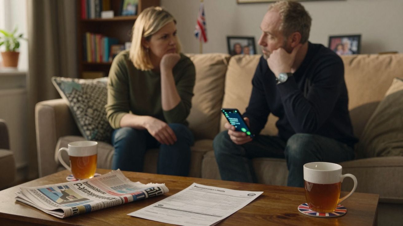 Casal sentado no sofá a discutir documentos com chá e jornal na mesa de centro.