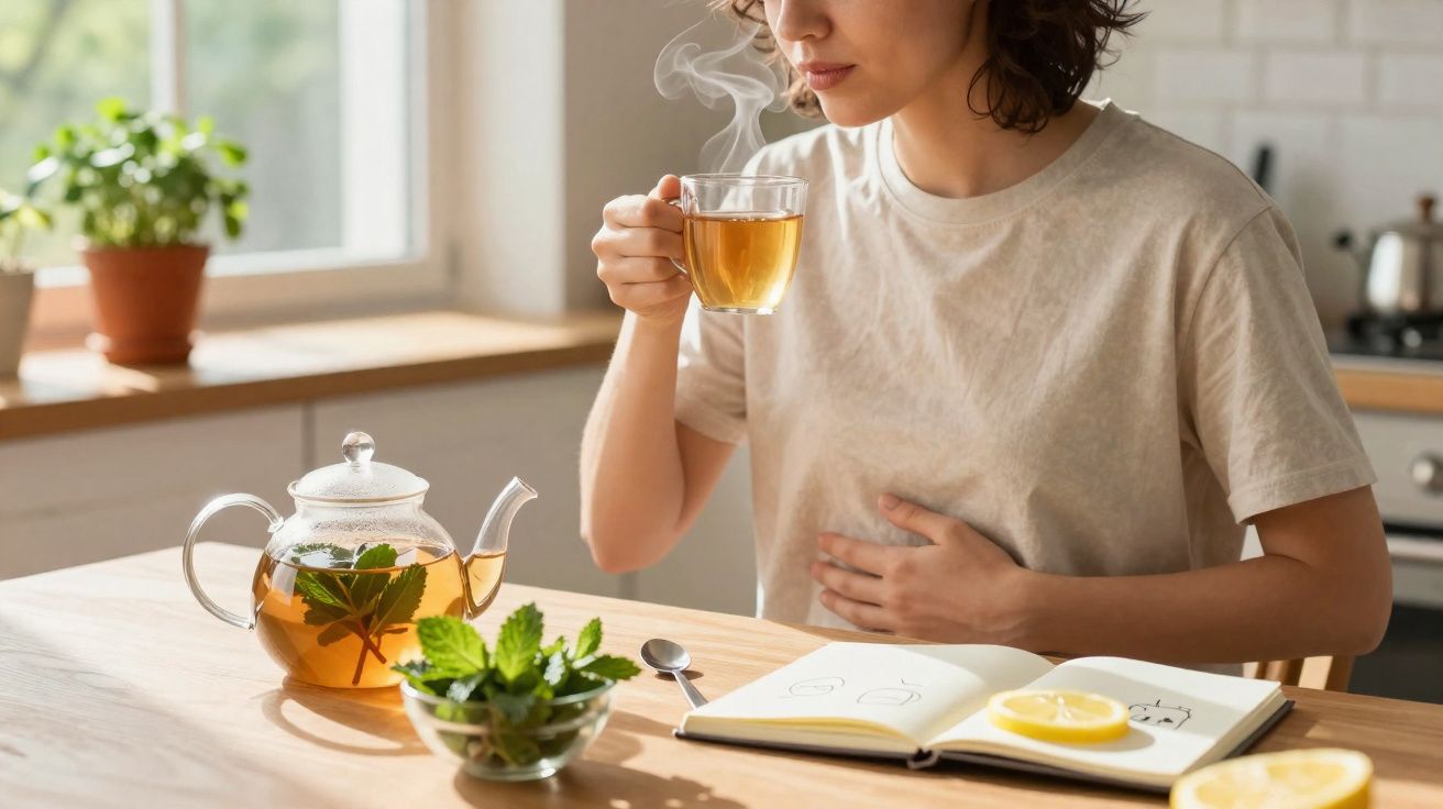 Mulher numa cozinha a beber chá quente, segurando a barriga com a outra mão, com ervas e fruto sobre a mesa.