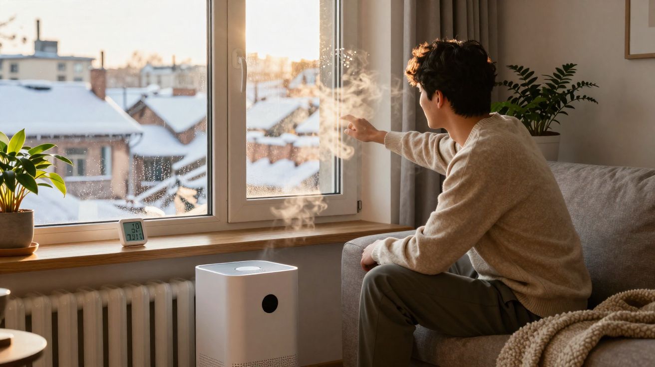 Homem sentado numa sala a abrir janela com vapor a sair para o exterior coberto de neve.