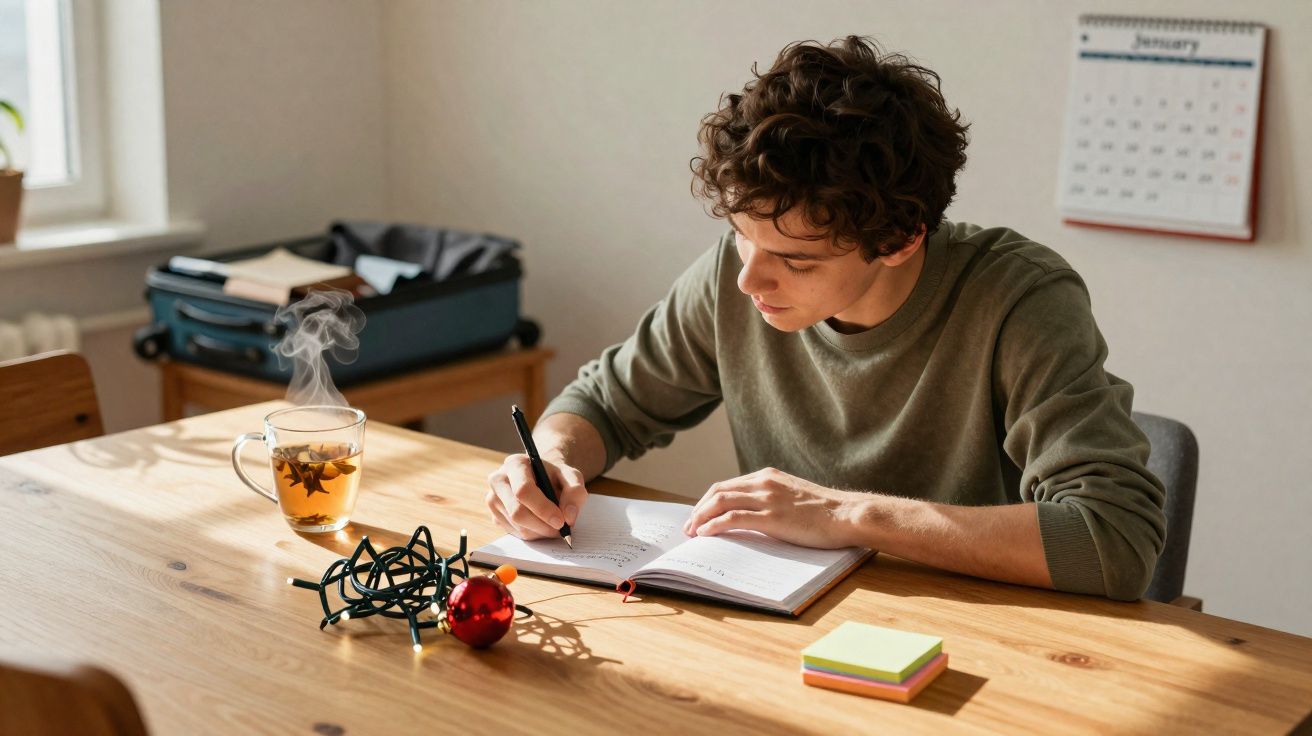 Jovem a escrever num caderno numa mesa com chá quente, enfeites de Natal e post-its coloridos.