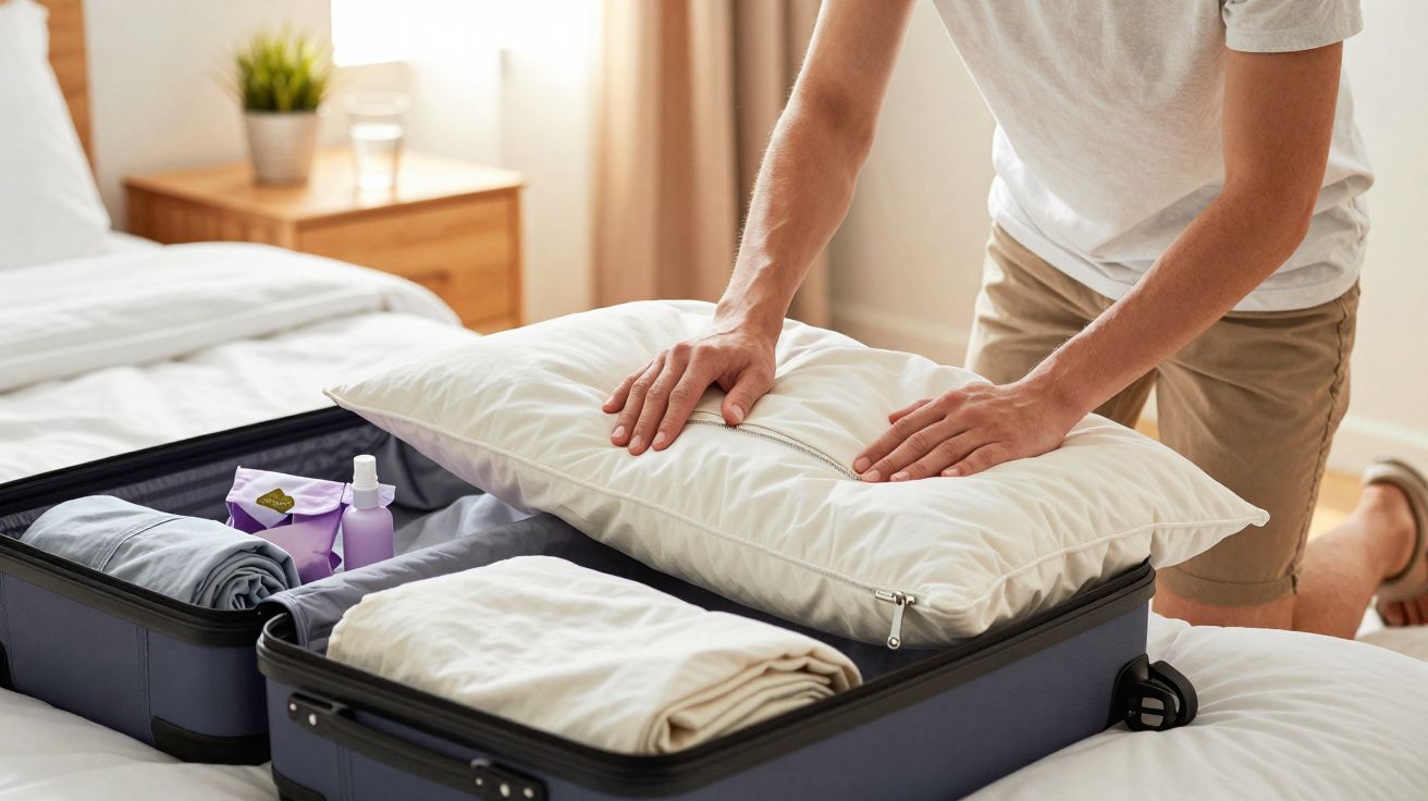 Pessoa a arrumar almofada numa mala aberta com roupas dentro, em cima da cama num quarto iluminado.