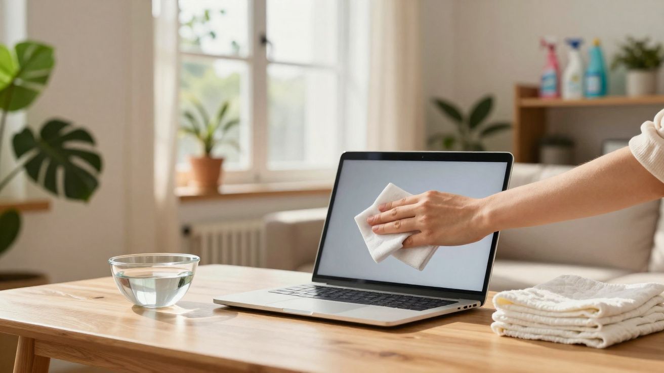 Mão a limpar o ecrã de um portátil com um pano branco numa mesa de madeira numa sala iluminada.