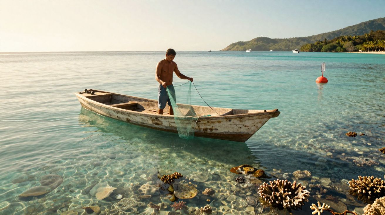 Homem a pescar com rede num barco de madeira sobre águas transparentes junto a recife coralino.