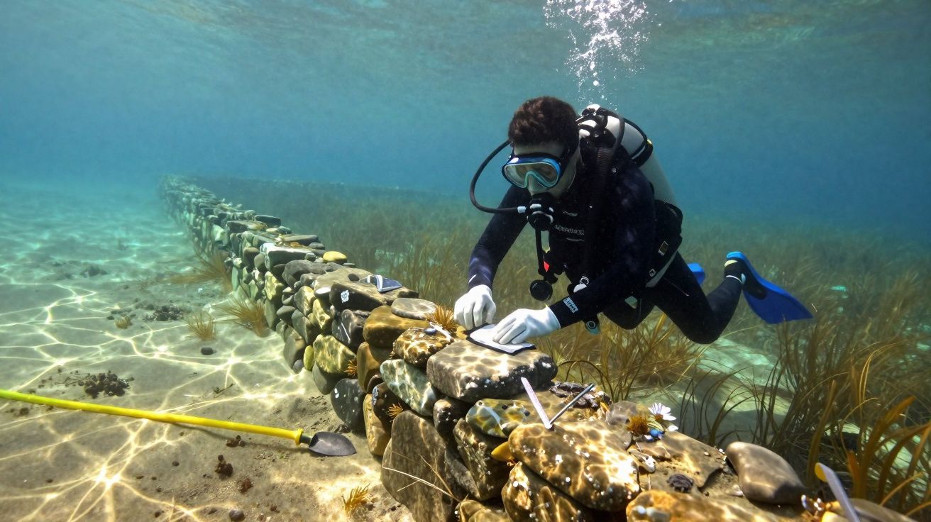 Mergulhador examina e limpa muro subaquático de pedras com ferramenta em mar calmo e claro.